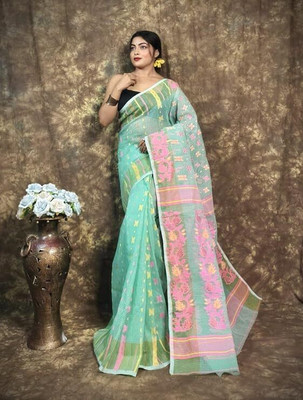 Pasum's Woven, Floral Print, Self Design Jamdani Cotton Silk Saree(Green)