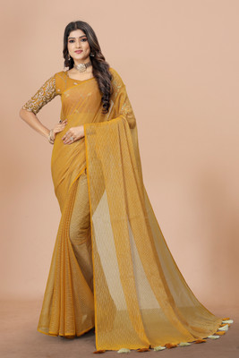 Infyshopy Fashions Striped Bollywood Georgette Saree(Mustard)