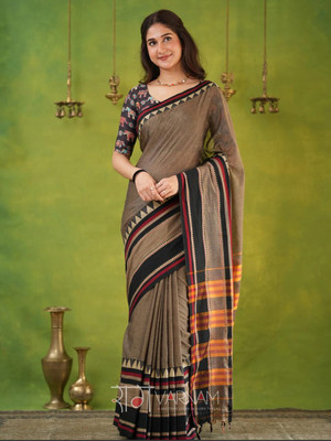 Sudi Creation Solid/Plain Saree with Attached Blouse Handloom Cotton Blend Saree(Grey)