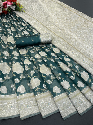 aarohicreation Printed Bollywood Tissue Saree(Dark Blue, White)