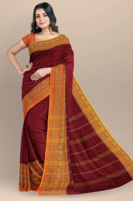 Bhadra Self Design Handloom Pure Cotton Saree(Maroon, Orange)