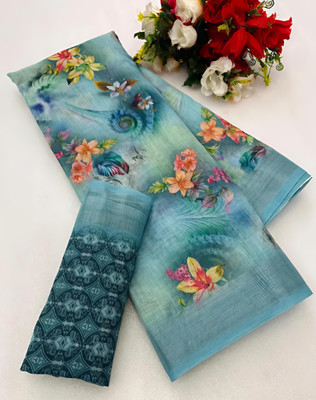 VCREATION Digital Print Bollywood Cotton Linen Saree(Light Blue)