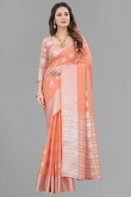 KRESVA Solid/Plain, Woven, Self Design Bollywood Cotton Linen Saree(Orange)