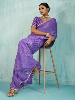 ANOUK Printed Leheria Chiffon Saree(Purple)