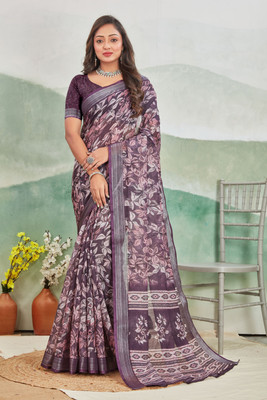 Rashmiwala Floral Print Bollywood Linen Saree(Multicolor)