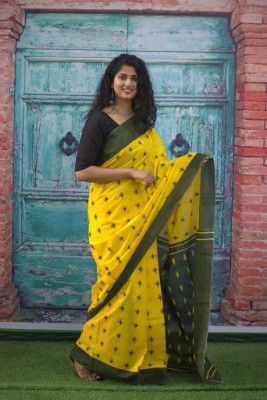 Printed Cotton Mulmul Saree Printed Daily Wear Pure Cotton Saree(Yellow, Light Green)