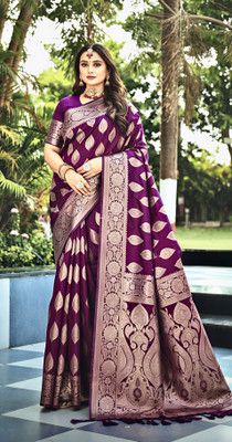 SUMAN Embroidered Assam Silk Silk Blend Saree(Purple)