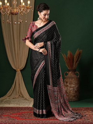 ANOUK Printed Daily Wear Pure Cotton Saree(Black)