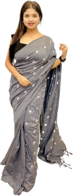 MA TARA TEXTILES ROHIT Floral Print Handloom Cotton Blend Saree(Grey)