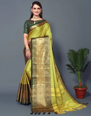 VATRIKA Woven, Temple Border Kanjivaram Pure Silk, Cotton Silk Saree(Light Green)