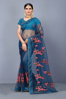 RITYANUSAR Embroidered Bollywood Net Saree(Blue)