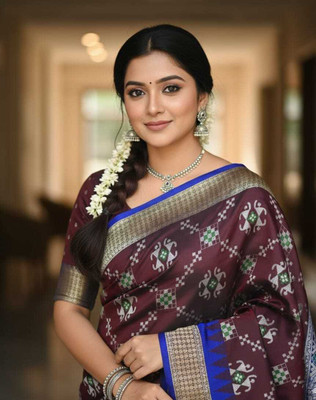 Sijileen Woven, Temple Border Sambalpuri Art Silk Saree(Brown)