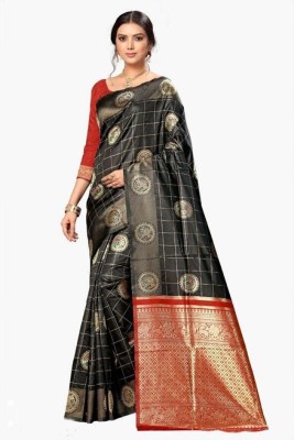 Divastri Woven, Printed Banarasi Cotton Silk Saree(Dark Blue)