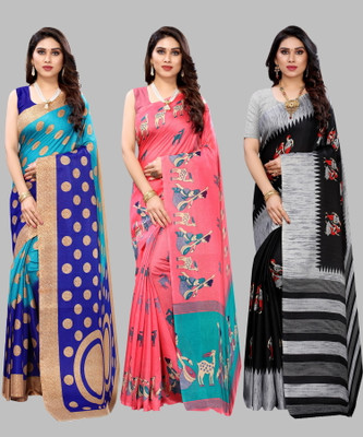 Nirvaan Floral Print, Printed, Self Design Madhubani Art Silk Saree(Pack of 3, Dark Blue, Black, Pink)