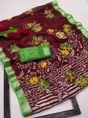 kashvi sarees Floral Print Bollywood Cotton Silk, Silk Blend Saree(Maroon, Green)