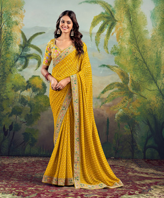 SIRIL Embellished, Embroidered, Printed Bandhani Georgette, Lace Saree(Yellow)