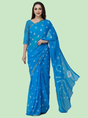 SainiVastra Printed Bandhani Chiffon Saree(Light Blue)