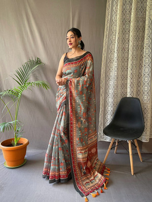 SGF11 Self Design Handloom Cotton Linen Saree(Grey)