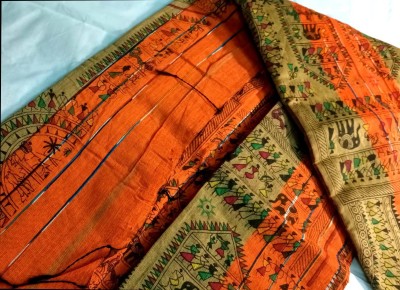 taant Printed Tant Linen Saree(Orange)