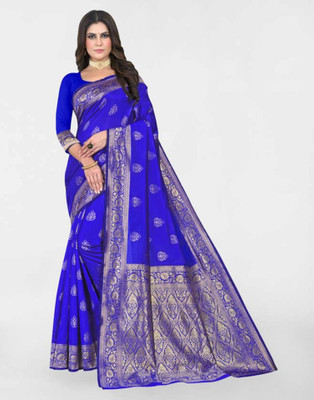 Samah Woven, Embellished, Self Design Banarasi Silk Blend, Jacquard Saree(Blue, Gold)