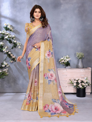 jya Floral Print, Digital Print Bollywood Linen Saree(Yellow)
