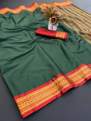 KHODALSAREEFEB Solid/Plain, Self Design, Woven Banarasi Cotton Silk Saree(Green)