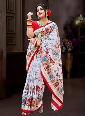 HouseOfCommon Printed Sambalpuri Pure Cotton Saree(White)