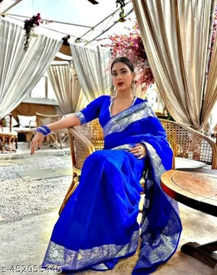 AFsaree Solid/Plain Banarasi Satin Saree(Blue)