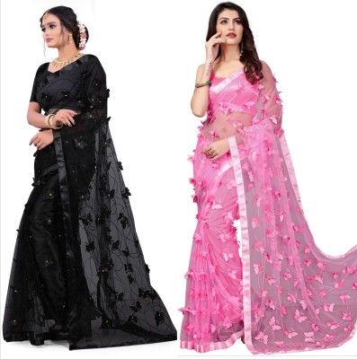Aadimam Creation Embroidered Bollywood Net Saree(Pack of 2, Pink, Black)
