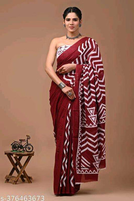 Divyam Printed Handloom Pure Cotton Saree(Maroon, White)
