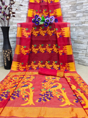 Vedant Vastram Self Design Jamdani Cotton Blend Saree(Red)