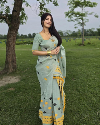 Krishna Creation Embroidered Mekhela Chador Silk Blend Saree(Light Blue)