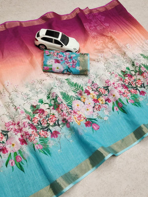 ASHTA Floral Print Kanjivaram Linen Saree(Blue)