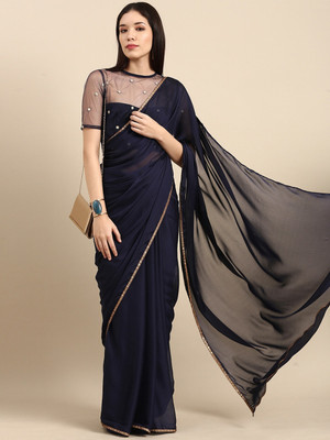 Sangria Solid/Plain Daily Wear Silk Blend Saree(Blue)