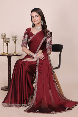 K 5 FASHION Embellished, Embroidered, Solid/Plain Bollywood Chiffon Saree(Brown)
