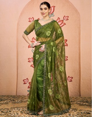 Satrani Embroidered, Embellished Bollywood Net Saree(Green)