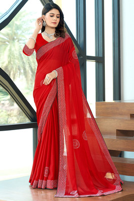 zamuna Solid/Plain, Self Design Daily Wear Georgette Saree(Red)