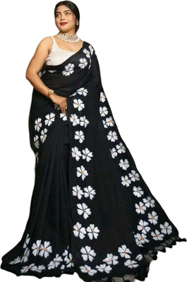 SMRITI CREATION Printed Handloom Handloom Pure Cotton Saree(Black, White)