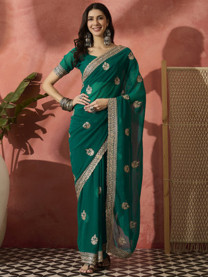 ShopGlobal Embroidered Banarasi Georgette Saree(Dark Green)