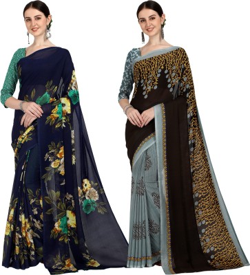 Anand Sarees Printed Daily Wear Georgette Saree(Pack of 2, Dark Blue, Black, Grey)