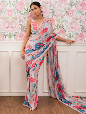 GAVUBAA Printed, Digital Print, Striped Bollywood Georgette Saree(White)