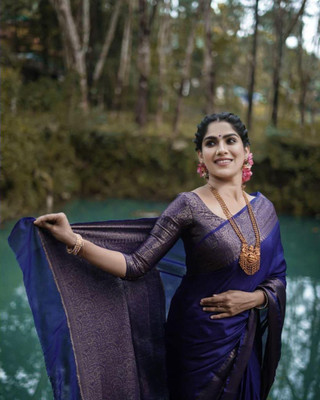 Rudr Venture Self Design Banarasi Cotton Silk Saree(Dark Blue)