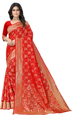 Shoppershopee Woven Banarasi Silk Blend Saree(Red)