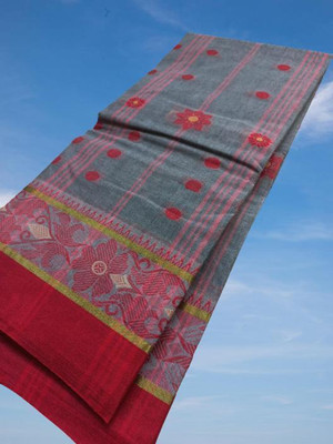 Duttafashion Woven Tant Pure Cotton Saree(Grey, Red)