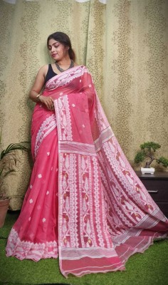 Rnn Saree Printed Jamdani Cotton Silk Saree(Pink)