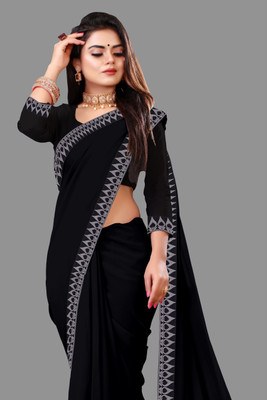 Jevlan Solid/Plain Bollywood Georgette Saree(Black)