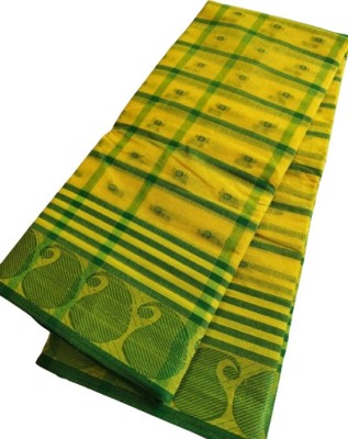 J KunduHouse Self Design Tant Pure Cotton Saree(Yellow)