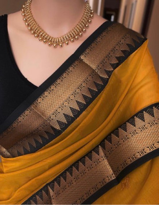 KanjiQueen Woven, Solid/Plain Banarasi Cotton Blend, Pure Silk Saree(Yellow)
