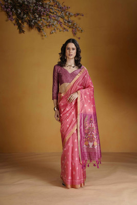 SHREEKHODIYARST Woven, Paisley, Self Design Handloom Jacquard, Art Silk Saree(Pink)
