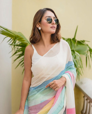 RAGISHA ENTERPRISE Striped Bollywood Linen Saree(Multicolor, White)